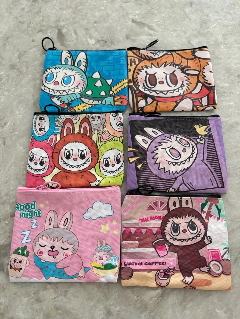 6 Monster Character Zipper Coin Pouch - Assorted Colors. 4.5”X4”